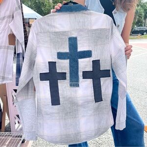 Cross Upcycled Plaid Shirt Grey White Unisex OOAK Jesus Christian Small S